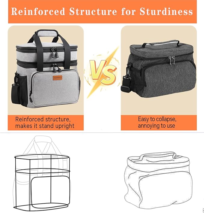 Double Decker XLarge Lunch Box, Insulated Heavy Duty Lunch Bag Waterproof Leakproof Durable Cooler Bag for Men Women Adults Work Picnic Camping Trip, 22L, Grey