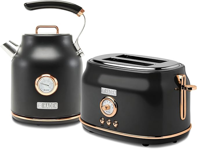 Haden Dorset 1.7 Liter Stainless Steel Electric Kettle with 360-Degree Base Bundled with 2 Slice Wide Slot Stainless Steel Toaster, Black & Copper