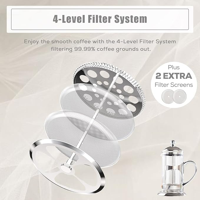 DUJUST Silver French Press Set with 6 Cups & Tray, Luxury Design Coffee Maker with 4-Level Filter System, Hot & Cold Resistant Glass French Coffee Press Set, Well Packed, Holiday Gift & Home Décor