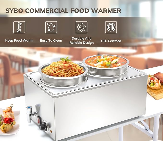 SYBO Food Warmer Steam Table Easy to Clean Commercial Grade Stainless Steel Bain Marie Buffet for Catering and Restaurants ETL, CE ROHS Certified for Commercial, Safety (2 Round Pots with Tap)