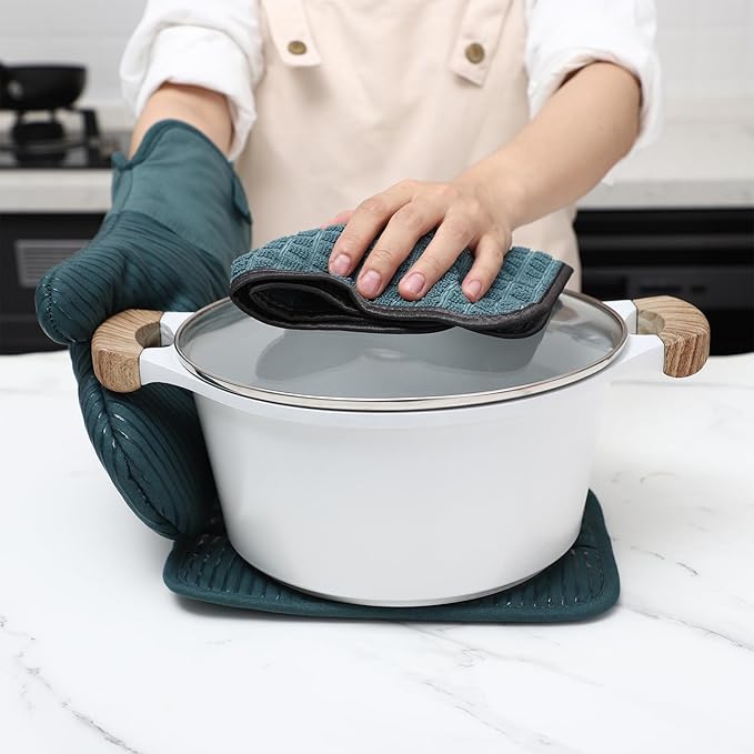 COOK WITH COLOR Silicone Oven Mitts- Heat Resistant Gloves with Soft Quilted Lining Oven Mitt Pot Holders for Cooking and BBQ, Teal, Material Mitt Set