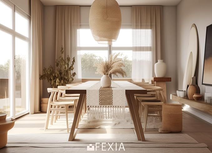 FEXIA Boho Table Runner for Thanksgiving Home Decor with Tassels 36 Inches Long Farmhouse Rustic Table Runner Cream & Brown Macrame for Boho Dining Bedroom Decor Rustic Bridal Shower (12x36 Inches)