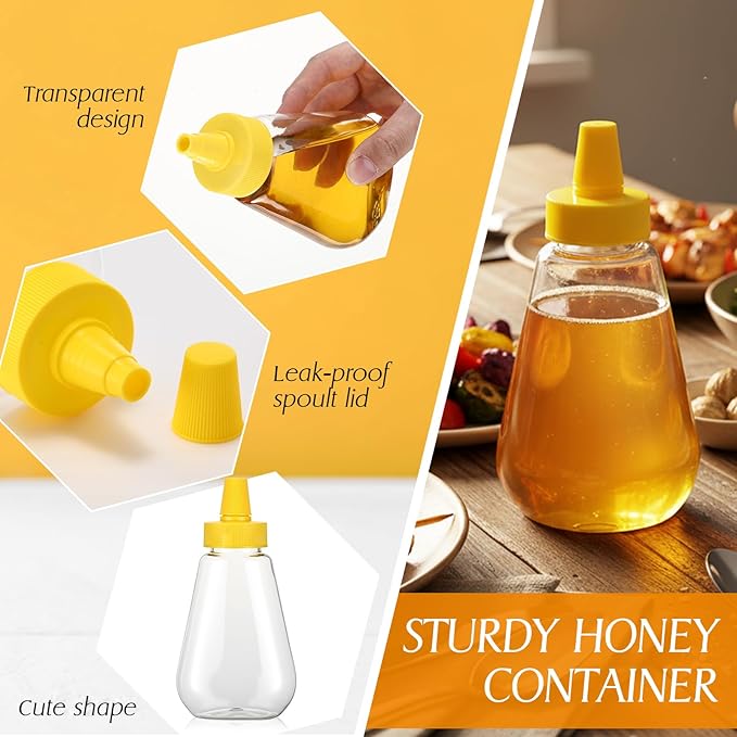 Ziliny 32 Pcs 7 oz Honey Squeeze Bottle Plastic Empty Beehive Bottle Jar with Spout Lid Clear Refillable Honey Containers for Condiment Storing and Dispensing Dispenser (Scalloped)