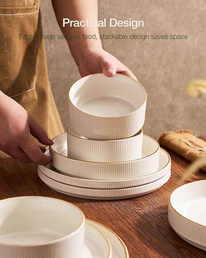 Famiware Star Dinnerware Set with Pasta Bowls, Service for 6 (24 Pieces), Ribbed Stoneware Plates and Double Bowls Sets with Trim - Chip & Scratch Resistant, Microwave & Dishwasher Safe Dishes, White