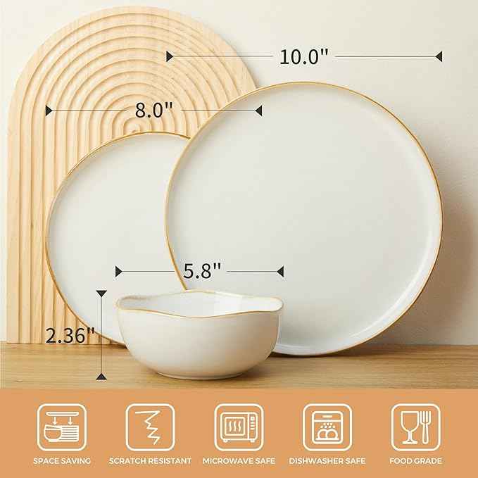 18 Piece White Reactive Glaze Dinnerware Set for 6, Irregular Coastal Shape Stoneware | Elegant & Minimal Design for Daily Family Dinners or Weekend Guests