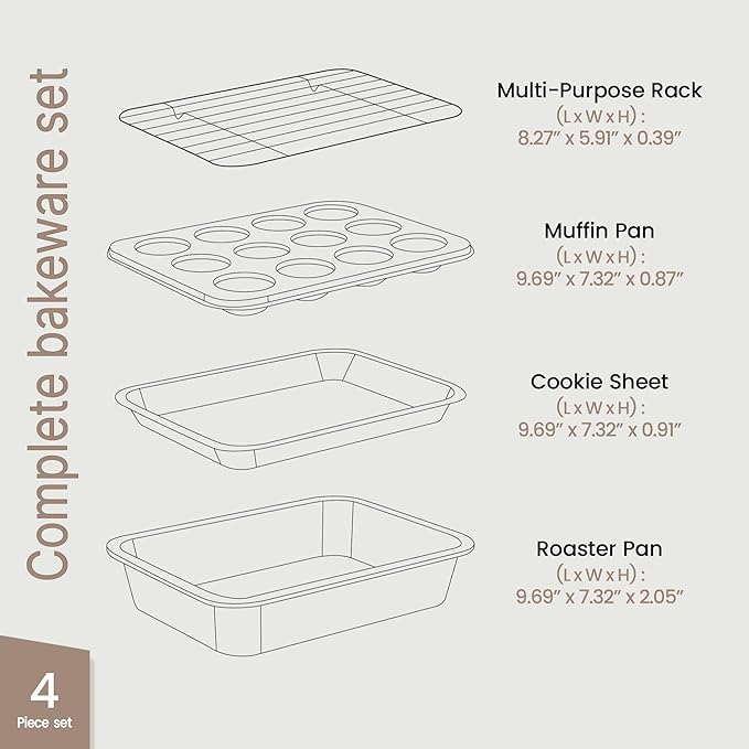 Bakken 4-Piece Bakeware Sets, Nonstick Carbon Steel Baking Sheet, Stackable Space-Saving Bakeware, Dishwasher Safe, Stain-resistant, PFOA, PFOS, & PTFE Free, Oven Safe Up To 450°F, White Marble