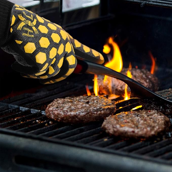 J H Heat Resistant Oven Glove:EN407 Certified 932 °F, 2 Layers Silicone Coating, Oven Mitts for Cooking, Kitchen, Fireplace,Camping, Grilling (Black/Yellow, Regular Cuff)