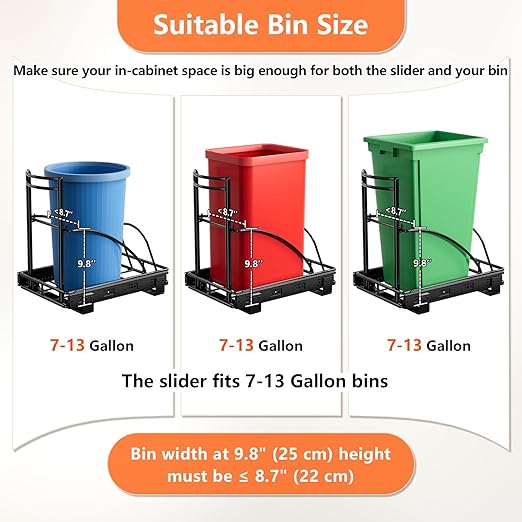 Under Sink Trash Can Pull Out, Reinforced Heavy Duty Steel Frame Slider, No Can/Fits 7-13 Gal 50Qt Garbage Bin/Quiet Close Slides, Pull Out Trash Can Under Counter for Minimum Cabinet 13"Wx19"Dx17"H