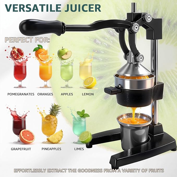 Commercial Heavy Duty Manual Citrus Juicer Press - Professional Cast Iron Hand Orange Squeezer with 304 Stainless Steel Strainer & Cup - Fruit Extractor for Pomegranate, Lemon, Lime - Black