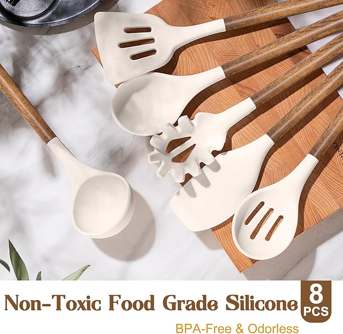 Silicone Cooking Utensil Set,Umite Chef 8-Piece Kitchen Utensils Set with Natural Acacia Wooden Handles, Silicone Kitchen Gadgets and Spatula Set for Nonstick Cookware - Khaki