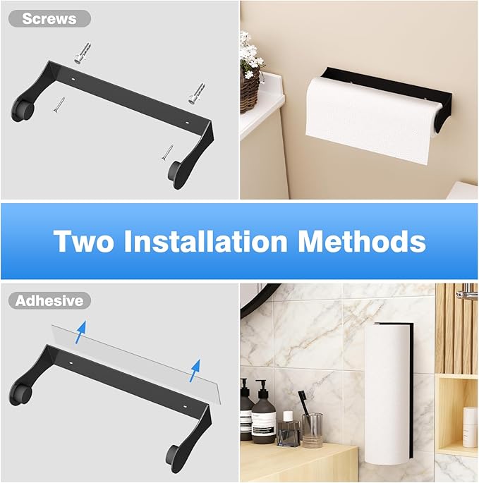Paper Towel Holder Under Cabinet, Black, Adhesive & Wall Mount, Under Counter Paper Towel Rack for Kitchen and Bathroom, Home and Kitchen Decor