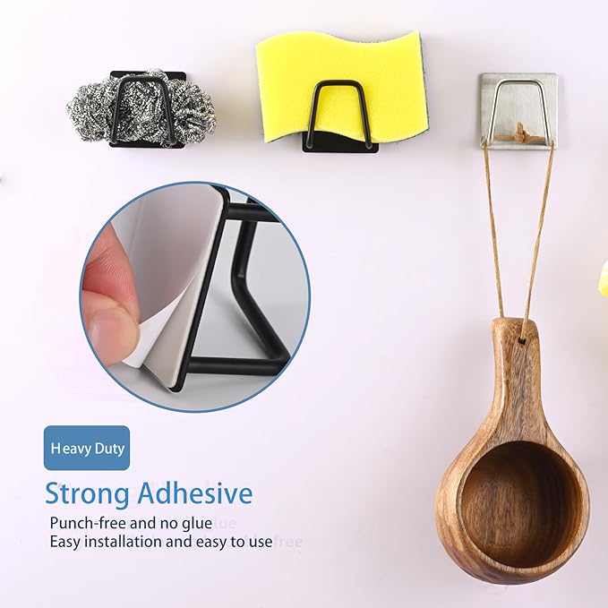 Adhesive Sponge Holder for Kitchen Sink, SUS304 Stainless Steel Scrubber Hanger Sink Caddy Accessories Storage Drain Rack Stand for Scratch Scrub Dishcloth Dishrag Steel Wool Strainer Stopper