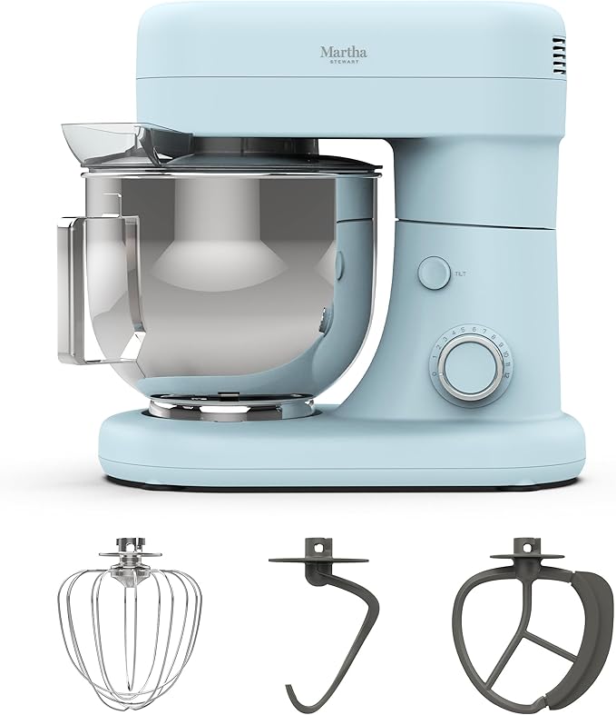 Martha Stewart Tilt-Head Stand Mixer, 12 Speed, 5.3QT Stainless Steel Bowl, Splash Guard with Pour Chute, Whisk, Dough Hook, Flat Beater, Electric Kitchen Baking Mixer, Bread, Cake, Whip, Sky Blue