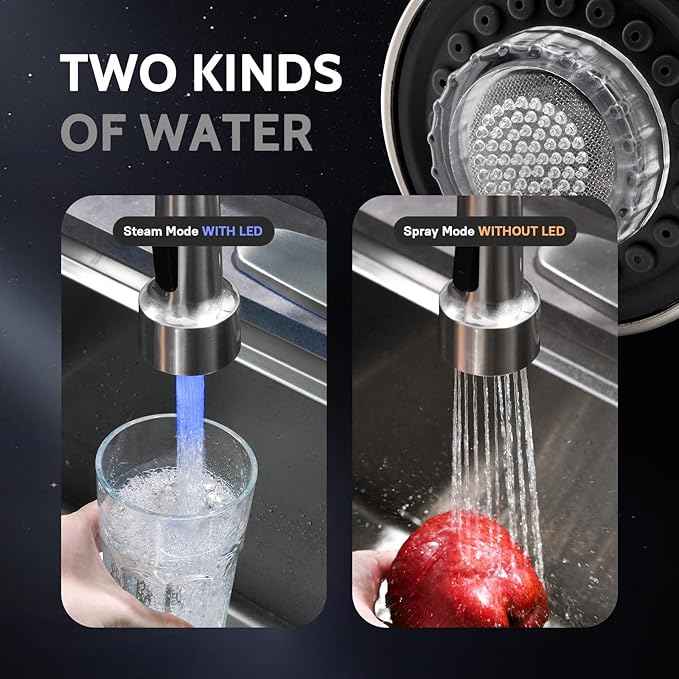 WEWE Kitchen Faucets, Brushed Nickel Kitchen Faucet with Pull Down Sprayer Spring Single Handle Stainless Steel Kitchen Sink Faucet with LED Light Deck Plate for Laundry Rv