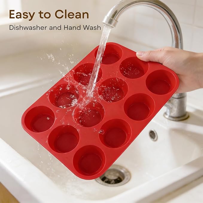 Silicone Muffin Pans for Baking Nonstick 2 Pcs, 12 Cup Regular Cupcake Pan, Food-Grade Silicone Baking Molds for Cupcakes, Egg Bites, Freezer, Red