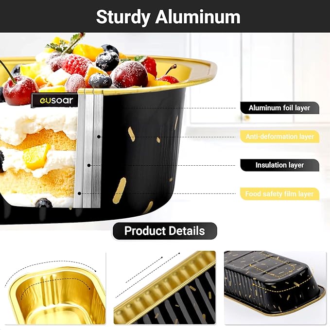 EUSOAR Creme Brulee Ramekins, 50pcs 6.8oz 6.5"x2.5"x1.2" Aluminum Foil Mini Loaf Bread Cake Pan Tin with Lids，Rectangle Disposable Cupcake Baking Cups Containers Wrappers, Dessert Cheesecake Pan Cups