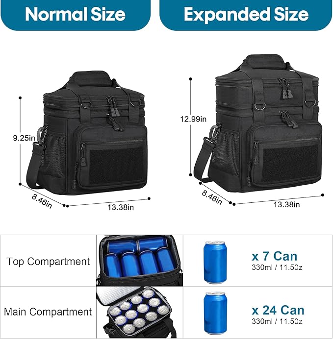 GLENKEY Tactical Lunch Box Cooler Bag - Expandable Insulated Lunch Bag for Men Women - XLarge Lunchbox for Adults Work Shifts Outdoor Trips Black 22L
