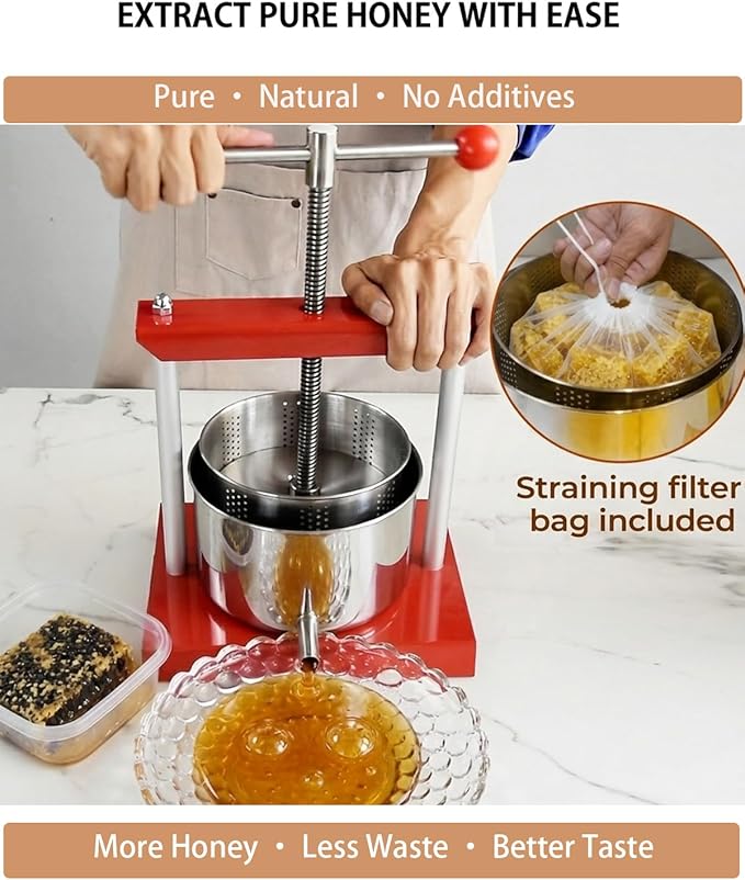 EJWOX 0.8 Gallon Manual Press - Stainless Steel Fruit & Vegetable Squeezer with Filter Bag - Upgraded 3L Capacity for Honey, Cheese, & Plant Infusions - Home Batch Soft Fruit Juicer & Herb Press