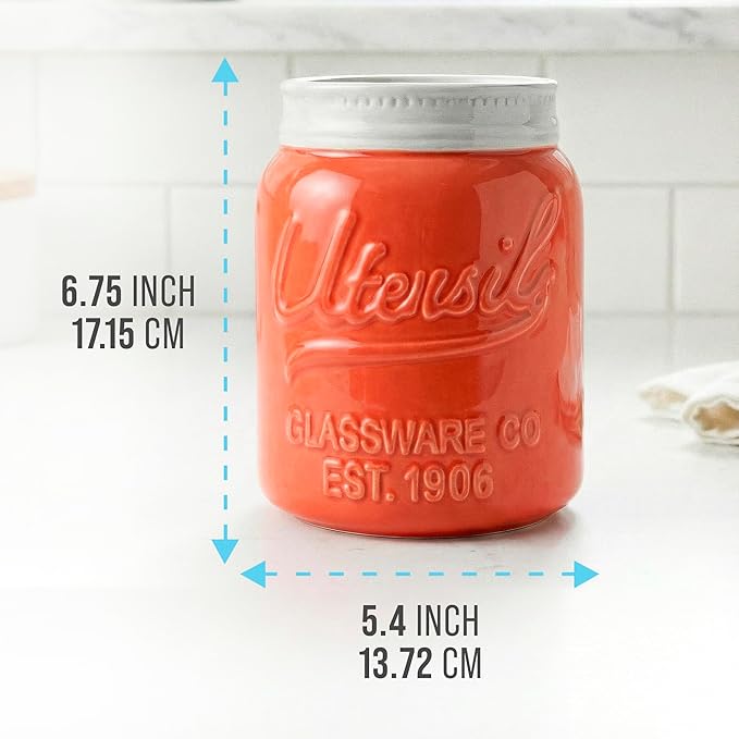 Comfify Wide Mouth Mason Jar Utensil Holder Decorative Kitchenware Organizer Crock, Dishwasher Safe - Kitchen Caddy, Large Size 7" High - Coral