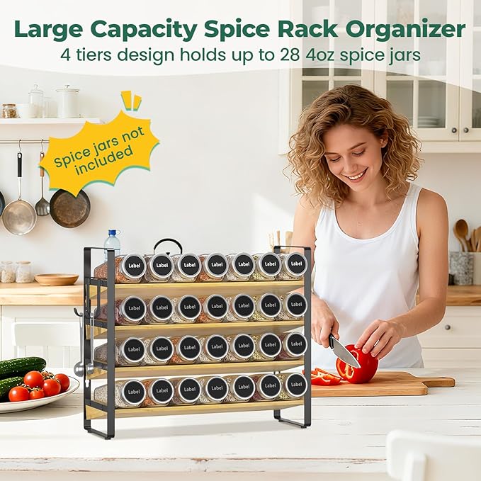 EsLuker.ly Spice Seasoning Rack Organizer Kitchen Countertop, 4 Tier Bamboo Spice Shelf Holder Storage with 4 Hooks, Wall Mounted Freestanding Stand for Pantry, Quick Spice Access(Jars Not Included)