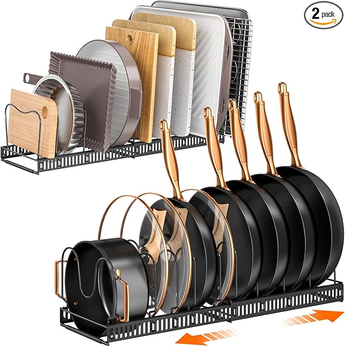MUDEELA 2 Pack Pots and Pans Organizer Rack for under Cabinet, Expandable Pot Lid Kitchen Cabinet Organizer Holder with 10 Adjustable Compartment Cutting Board Organizer for Pan Lid, Bakeware Sheet