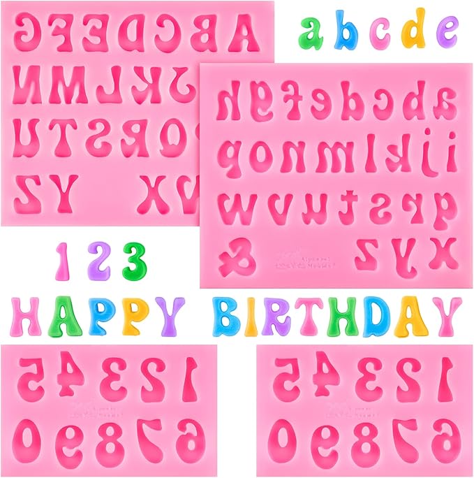 4 PCS Silicone Letter Molds, Non-Stick Number and Letter Fondant Molds for Chocolate, Candy, Cake Decoration, Cupcake Topper