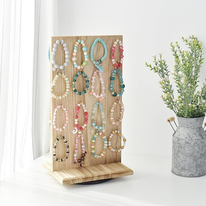 Ikee Design Wooden Rotating Two-Sided Jewelry Display Stand, Rotating Organizer with 32 Hooks for Store, Earring Keychain Display with Hooks, Oak color, 9" W x 7.5" D x 16.5" H