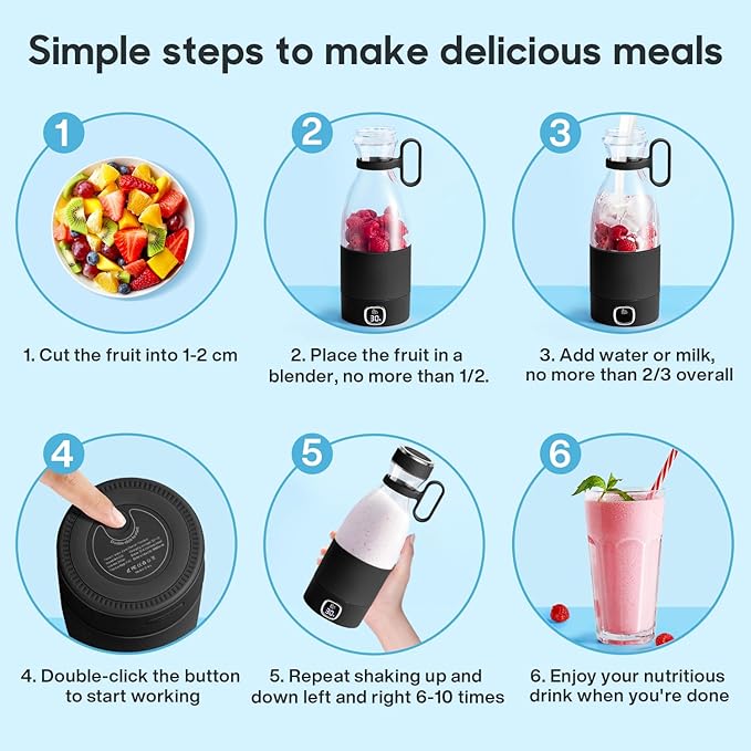 MIAOKE Portable Blender, 6 Blades Juicer Cup for Juice Shakes and Smoothies 350ml Mini Blender with Led Display Usb Rechargeable,3000Mah Rechargeable Battery, for Home Sports Outdoors Travel-Black