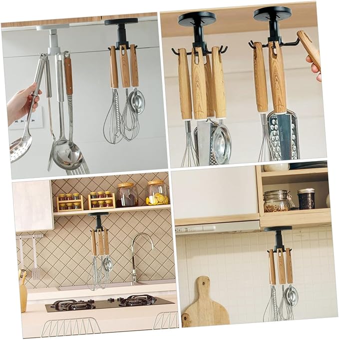 FRCOLOR 3pcs Rotating Kitchen Utensil Hooks Cabinet Hangers Black Under Cabinet Storage Organizer for Spatula Spoon and Knife