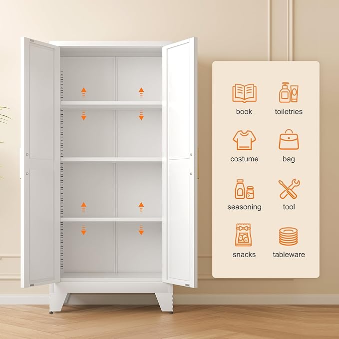 61" Tall Metal Storage Cabinet with 2 Doors and 3 Adjustable Shelves, 4-Tier Kitchen Pantry Storage Cabinet for Kitchen, Living Room, Dining Room and Office, White