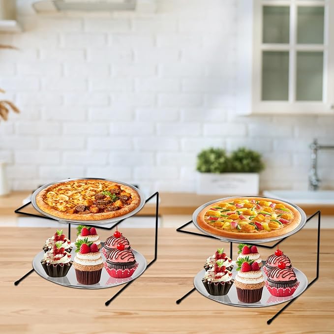 12 Pcs Pizza Pan Riser Stands Sets Includes 4 Metal Pizza Table Stands 4 Pizza Pan(11.8in) and 4 Wood Handle Pie Server, Pizza Rack Stand Pizza Tray for Pizza Dessert Cheese (Silver)