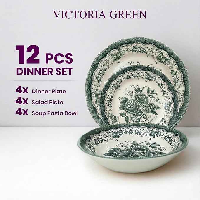 TUDOR ROYAL 12-Piece Porcelain Round Dinnerware Set, Service for 4, VICTORIA Green Design, Blue Floral, Plates Bowls Dishes, Premium Quality Tableware, Unique Pattern, Glossy