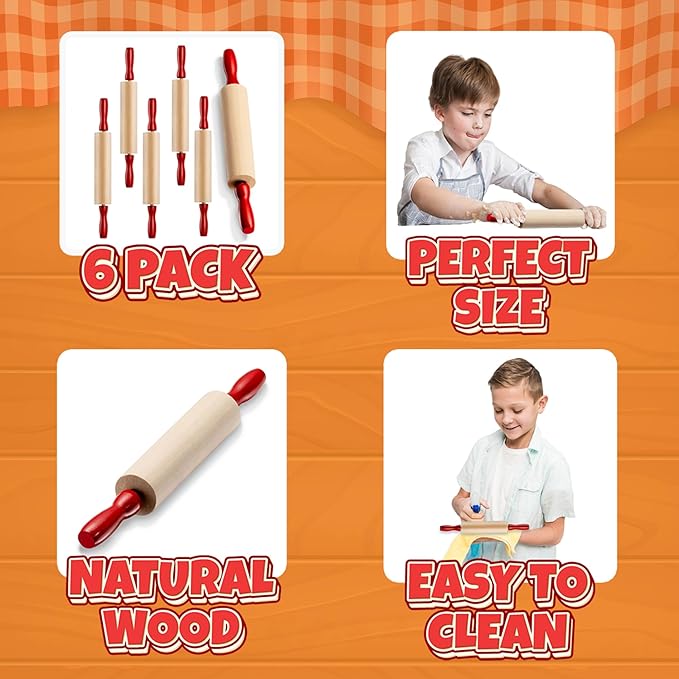 Mini Rolling Pin 7.5 Inch (6 Pack) Kids Rolling Pin Set for Play Dough Accessories Small Pin for Dough - Wooden Rolling Pins For Baking With Handles for Foods, Baking Supplies, And Playtime