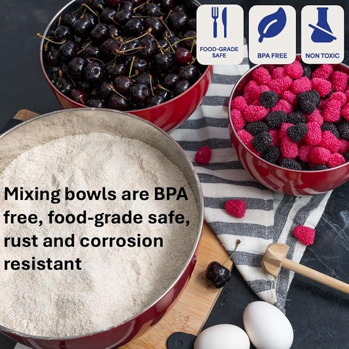 WHYSKO® Stainless Steel Mixing Bowls (Set of 3) with Non-Slip Silicone Base for Kitchen, Dishwasher Safe Bowls for Meal Prep, Cooking, Baking, Serving, Food Storage (Red)