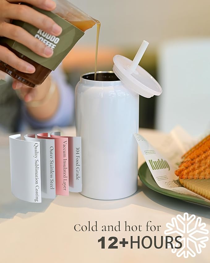 Glass Cups with Lids and Straws, 16oz Stainless Steels Cups, Beer Cups, Iced Coffee Cup, Smoothie Cup, Sublimation Tumbler, White (Smooth Polished Finish, Sublimatable)