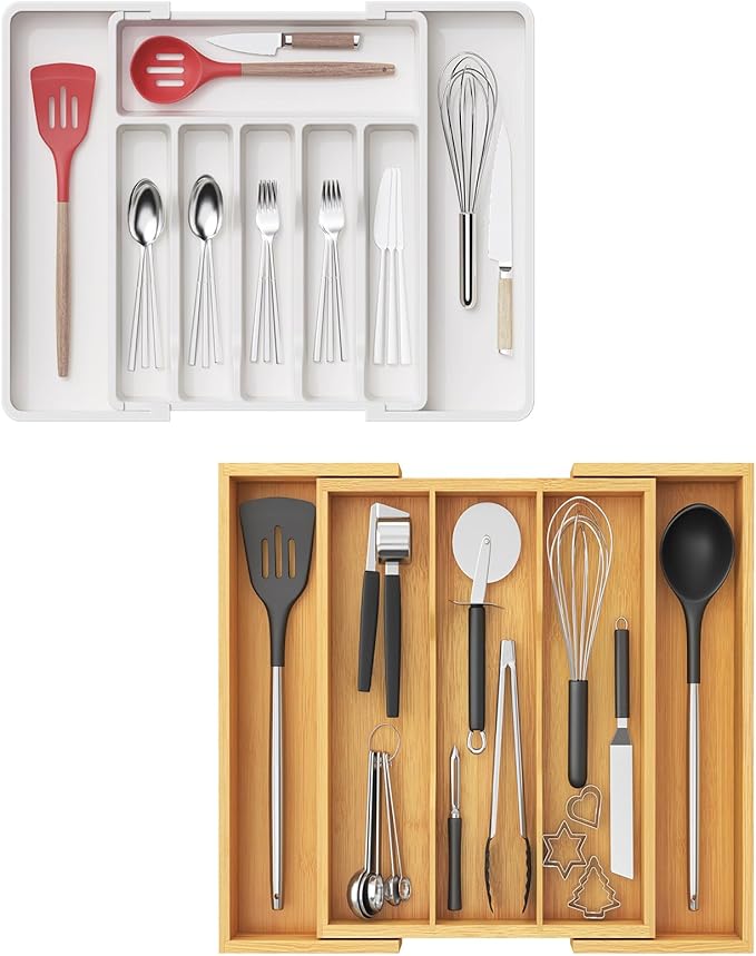 Lifewit Silverware Drawer Organizer, Expandable Cooking Utensil Tray, Adjustable Plastic Storage for Spoons Forks Knives, Large