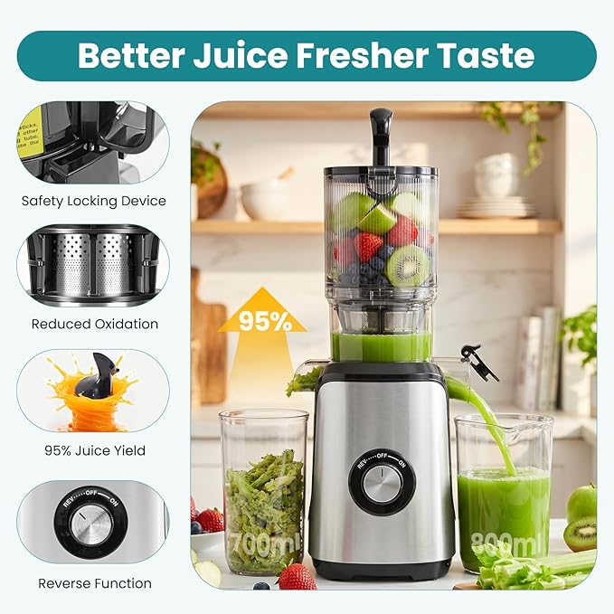 OLIXIS Cold Press Juicer, Masticating Juicer Machine with Reverse Function, Juice Extractor for Making Nut Milk, Easy Clean & Blade-Free, Silver