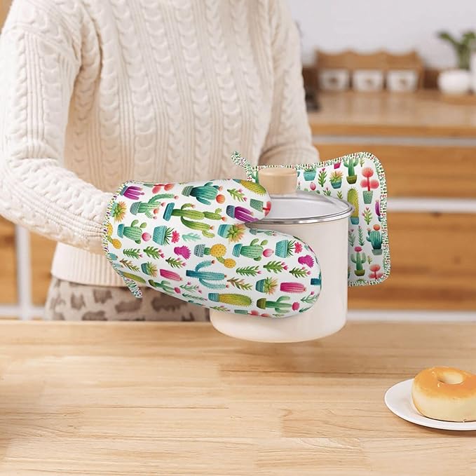 Oven Mitts and Pot Holders Set, Cactus Pattern Watercolor Silicone Kitchen Accessories 4 Piece Heat Resistant Long Gloves Potholder Non-Slip Grip for Chef Cooking Baking Grilling BBQ