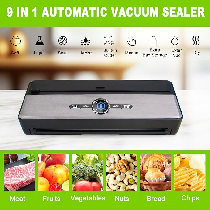 Automatic Vacuum Sealer Machine for Food, 9-IN-1 with Cutter, Bag Storage, Moist & Dry & Liquid & Soft, External VAC for Jars and Containers, 85kPa with Starter Kits -1*Bag Roll&10*Bags