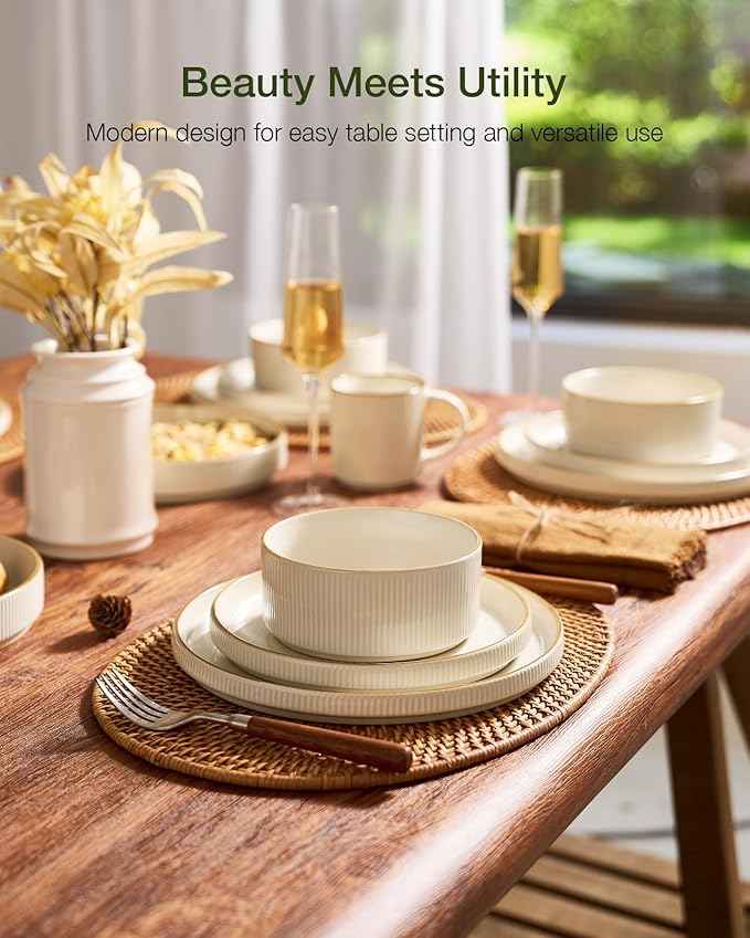 Famiware Star Dinnerware Set with Pasta Bowls, Service for 6 (24 Pieces), Ribbed Stoneware Plates and Double Bowls Sets with Trim - Chip & Scratch Resistant, Microwave & Dishwasher Safe Dishes, White