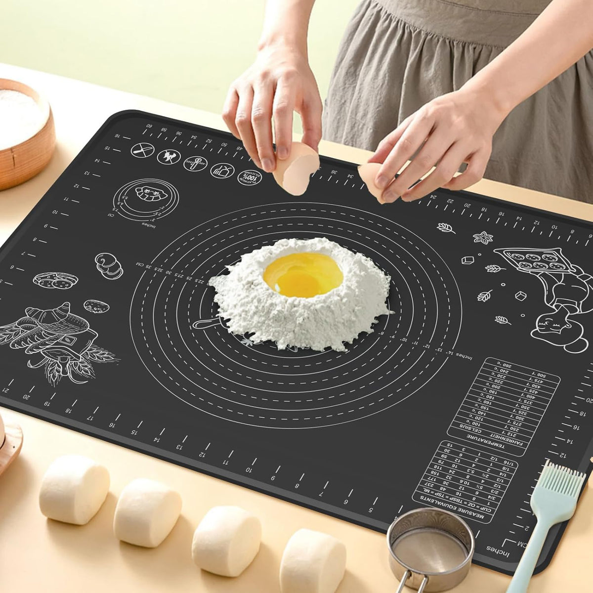 Silicone Baking Mat 28" x 20" Extra Thickness Dough Rolling Mat with Measurements and Edge Heightening, Non-stick Food Grade Silicone Pastry Mat for Pastry, Bread, Cookies, Pizza, Fondant, Pasta-Black