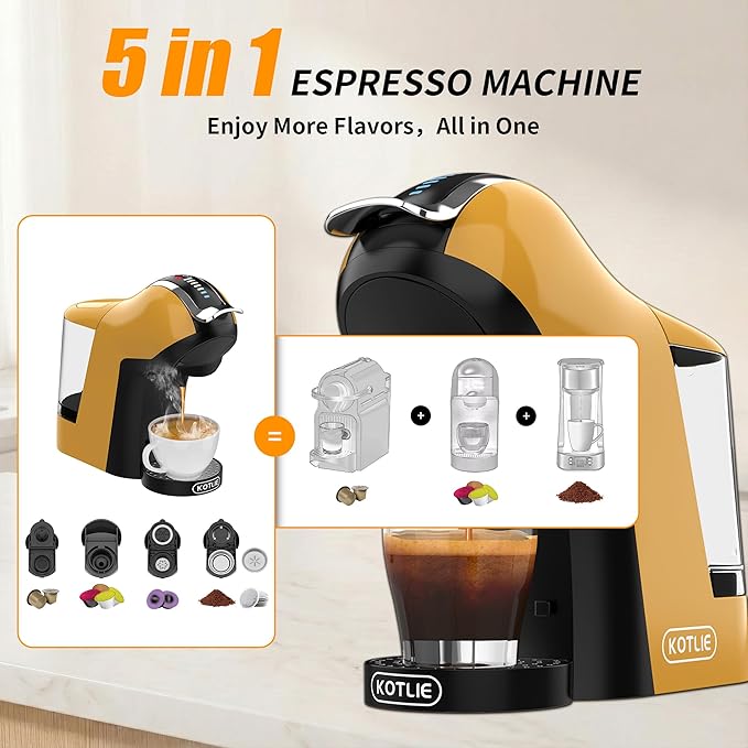 KOTLIE EM-308B Espresso Machine, Single Serve Coffee Maker Compatible with Multiple Capsule Types, Ground Coffee, and ESE Pods, 3 Temperatures, 7 Water Volume Levels, 34 Oz（Yellow）