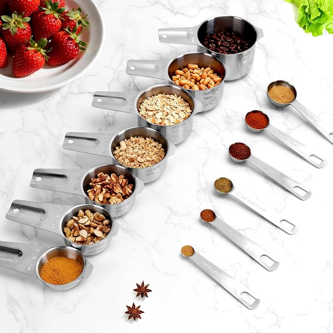 7x Stainless Steel Measuring Cups with 6x Measure Spoons Set,4x Py&Rex Plastic liquid Measurings Cups for Liquids,Kitchen Gadgets for Cooking & Baking Utensils Christmas Gift (17Pcs)