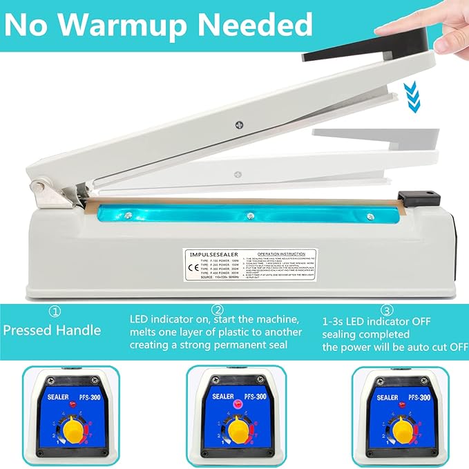 Impulse Heat Sealer Bag Sealer Machine Handheld Sealer Packaging Machine 3mm Sealing for Bag Width Sealing Machine for Self Sealing Plastic with Extra 4 Replacements 2 Fuse Kit(12 inches)