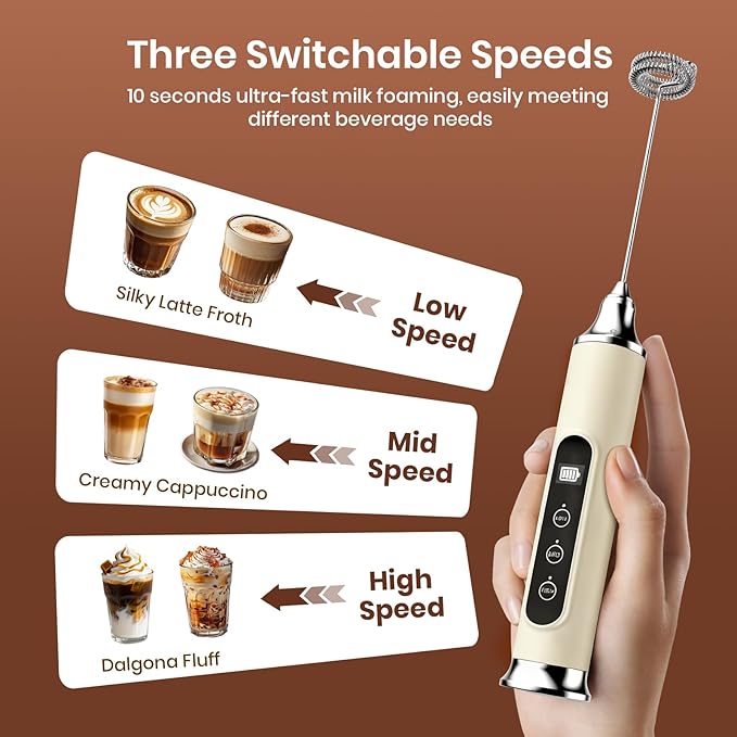 YUSWKO Milk Frother Wand for Coffee, Handheld Coffee Frother, Rechargeable Drink Mixer, Waterproof Electric Whisk, Beige