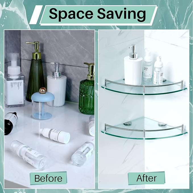 Crowye 2 Pcs Corner Shower Shelf 2-tier Glass Corner Shelf Stainless Steel Wall Mounted Bathroom Organizer for Storing Shower Gel Shampoo Brush, 9.25 Inches (Silver)