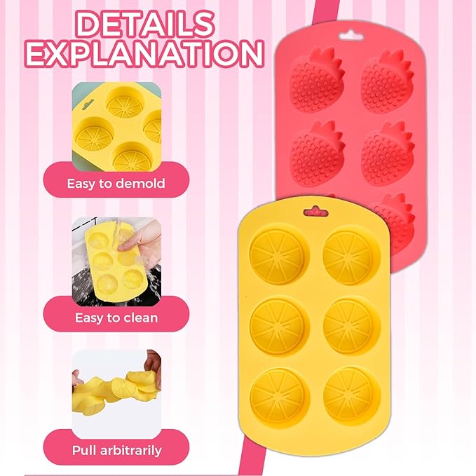 Fruit Theme Silicone Molds for Candy Making, 2 Pack Strawberry & Lemon Gummy Molds Set, Non-Stick 6-Cavity Fruit Snack Molds for Chocolate, Jelly, DIY Kitchen Baking Supplies