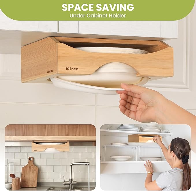 10-inch Paper Plate Dispenser Under Cabinet, Bamboo Paper Plate Holders, Kitchen Counter Vertical Plate Dispensers Holders Countertop Caddy(For 10-inch Plates, Bamboo)