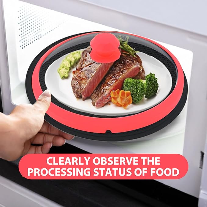 Microwave Glass Cover Splatter Guard Lid with Anti-scald Silicone Handles and Vented Edge for Food Pot Plate Cover 10.5 inch Red