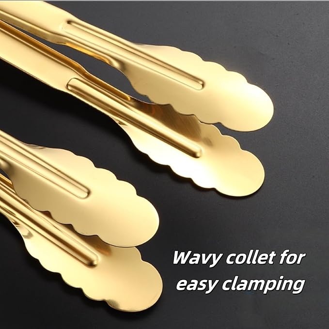 9 Inch Gold Cooking Tongs Set of 4, Stainless Steel Bread Salad Food Tong Serving Utensils for Buffet, Kitchen